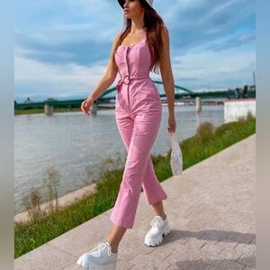 🎉HOST PICK🎉 ZARA FITTED JUMPSUIT BUSTIER CROP W/ BELT PINK SZ LG